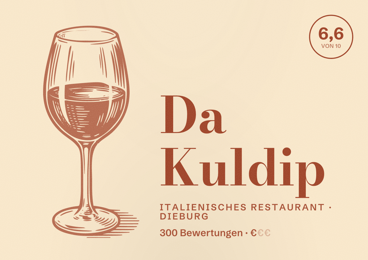 Illustriertes Poster von Da Kuldip, Italienisches Restaurant in Dieburg: Bewertung 6,6 von 10 aus 300 Bewertungen, Preisniveau €