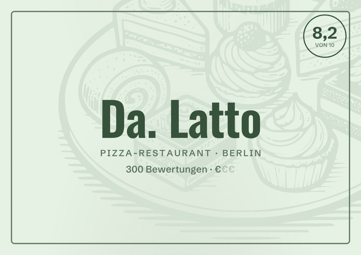 Illustriertes Poster von Da. Latto, Pizza-Restaurant in Berlin: Bewertung 8,2 von 10 aus 300 Bewertungen, Preisniveau €