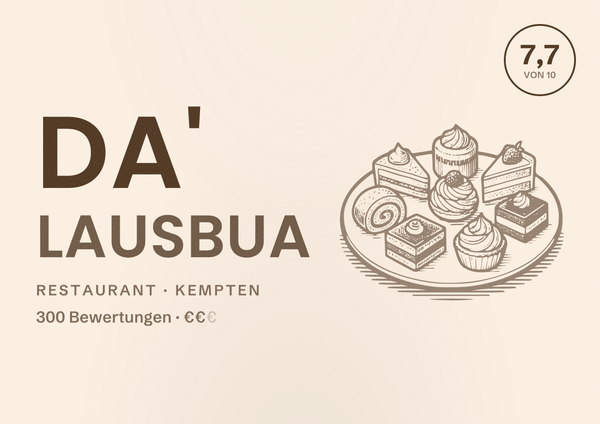 Illustriertes Poster von da' LAUSBUA, Restaurant in Kempten: Bewertung 7,7 von 10 aus 300 Bewertungen, Preisniveau €€