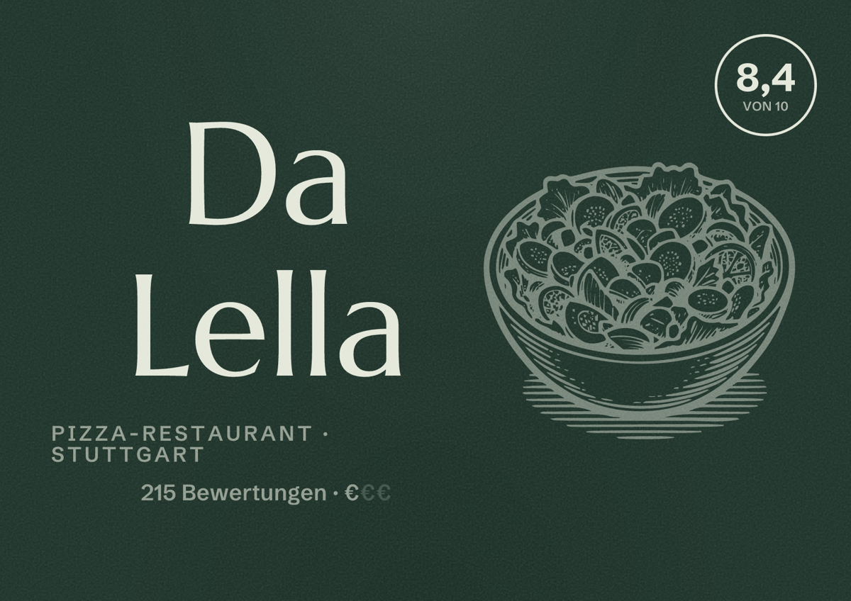 Illustriertes Poster von Da Lella, Pizza-Restaurant in Stuttgart: Bewertung 8,4 von 10 aus 215 Bewertungen, Preisniveau €