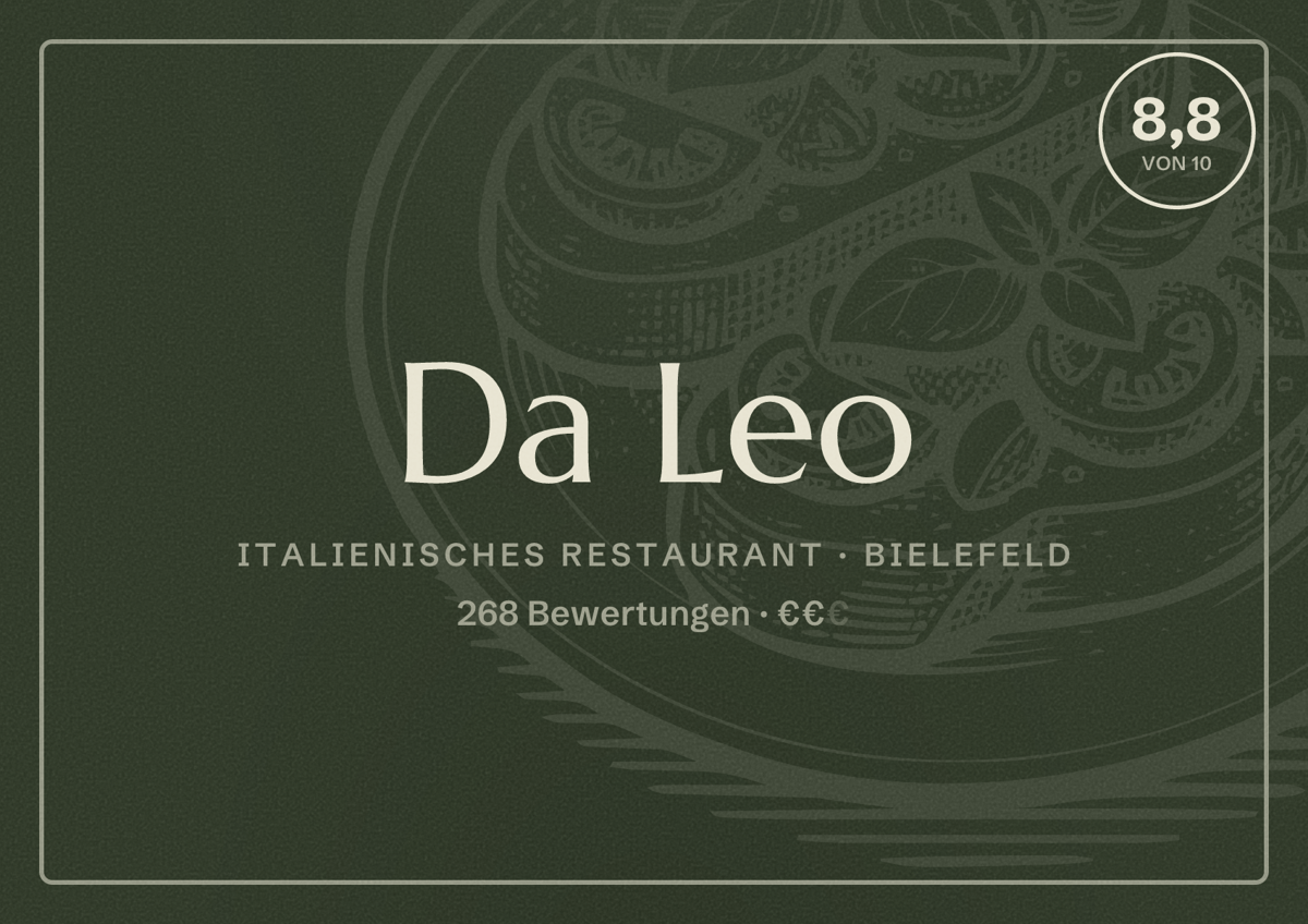 Illustriertes Poster von Da Leo, Italienisches Restaurant in Bielefeld: Bewertung 8,8 von 10 aus 268 Bewertungen, Preisniveau €€