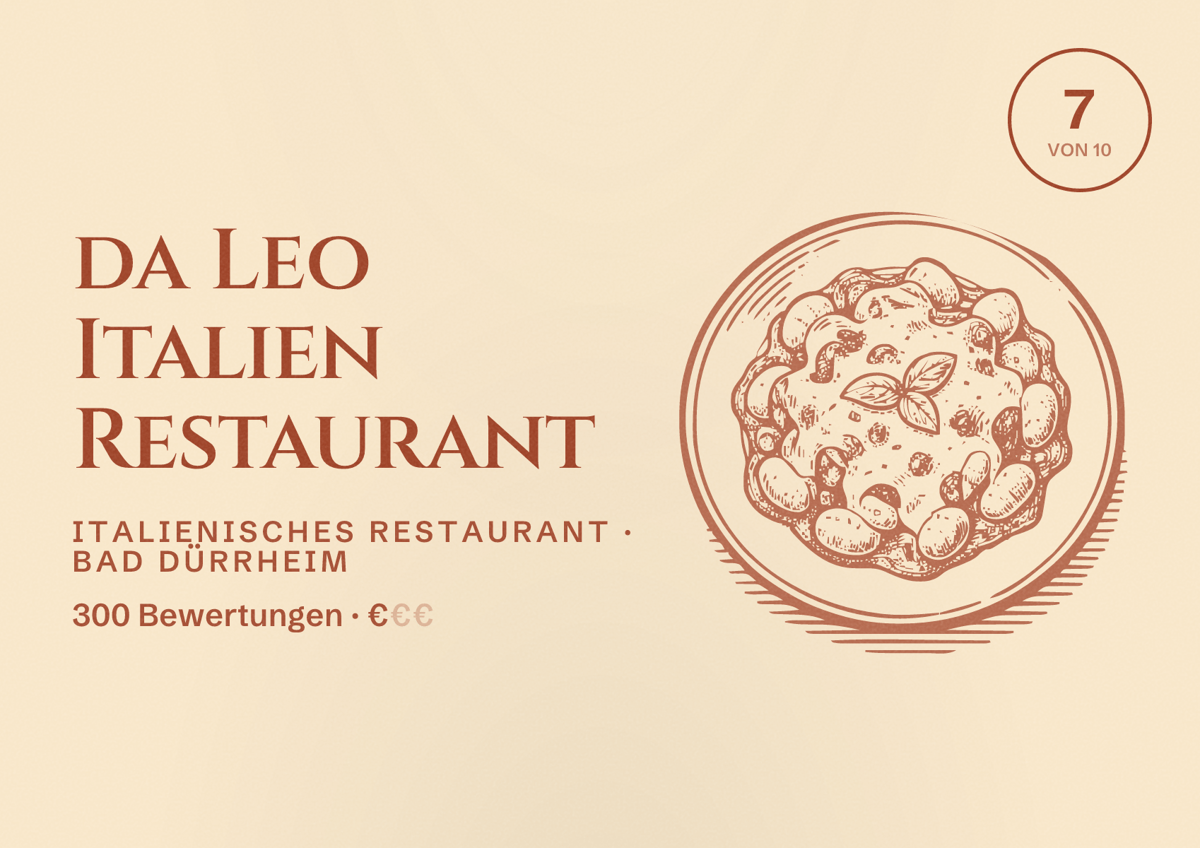 Illustriertes Poster von da Leo Italien Restaurant, Italienisches Restaurant in Bad Dürrheim: Bewertung 7 von 10 aus 300 Bewertungen, Preisniveau €