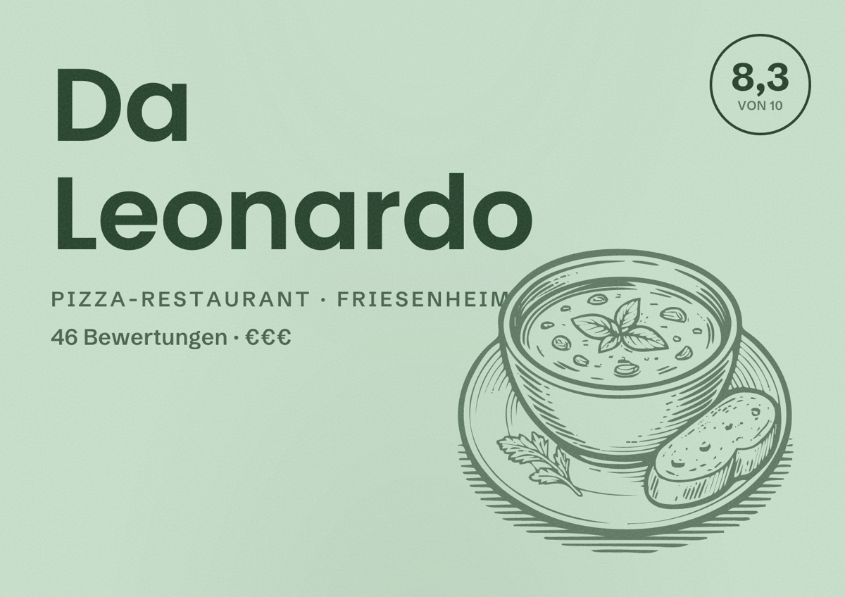 Illustriertes Poster von Da Leonardo, Pizza-Restaurant in Friesenheim: Bewertung 8,3 von 10 aus 46 Bewertungen, Preisniveau €€€