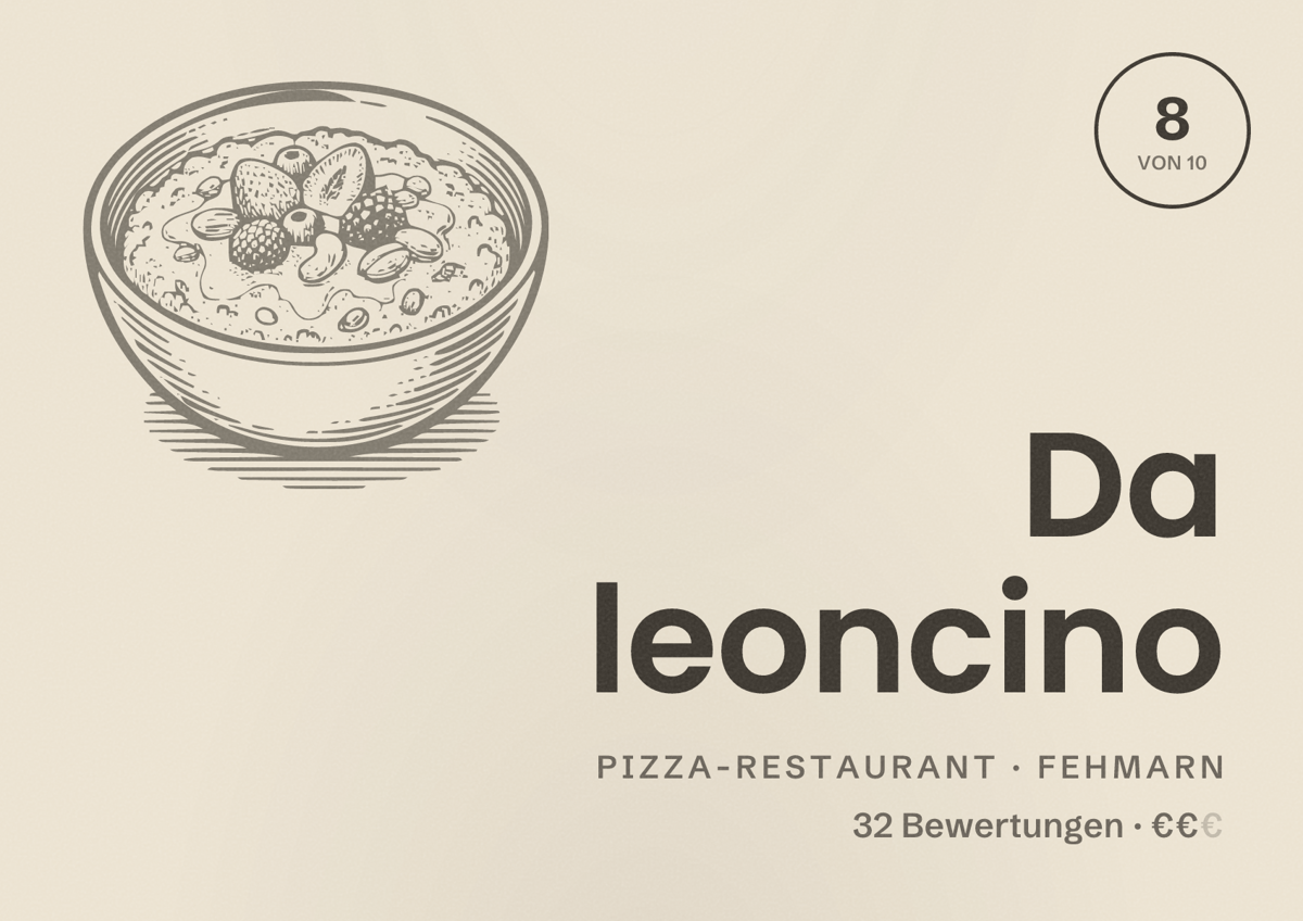 Illustriertes Poster von Da leoncino, Pizza-Restaurant in Fehmarn: Bewertung 8 von 10 aus 32 Bewertungen, Preisniveau €€