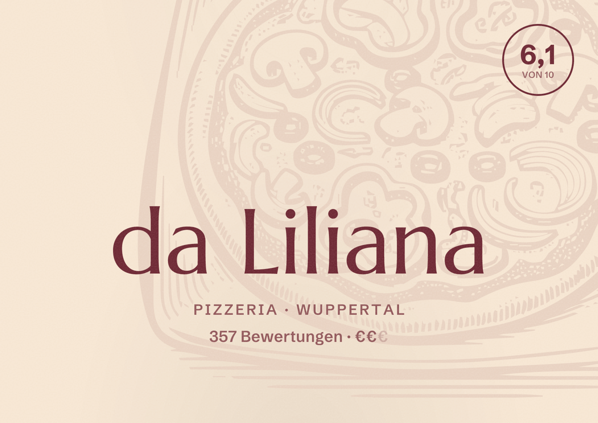 Illustriertes Poster von da Liliana, Pizzeria in Wuppertal: Bewertung 6,1 von 10 aus 357 Bewertungen, Preisniveau €€