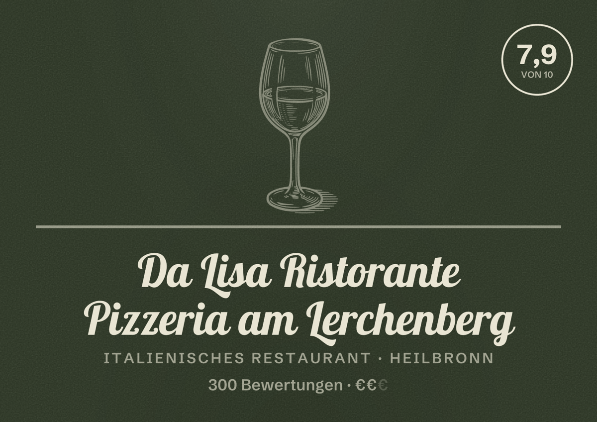 Illustriertes Poster von Da Lisa Ristorante Pizzeria am Lerchenberg, Italienisches Restaurant in Heilbronn: Bewertung 7,9 von 10 aus 300 Bewertungen, Preisniveau €€