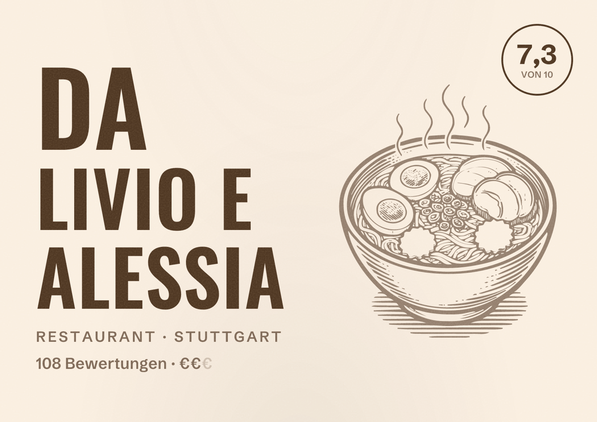 Illustriertes Poster von Da Livio e Alessia, Restaurant in Stuttgart: Bewertung 7,3 von 10 aus 108 Bewertungen, Preisniveau €€