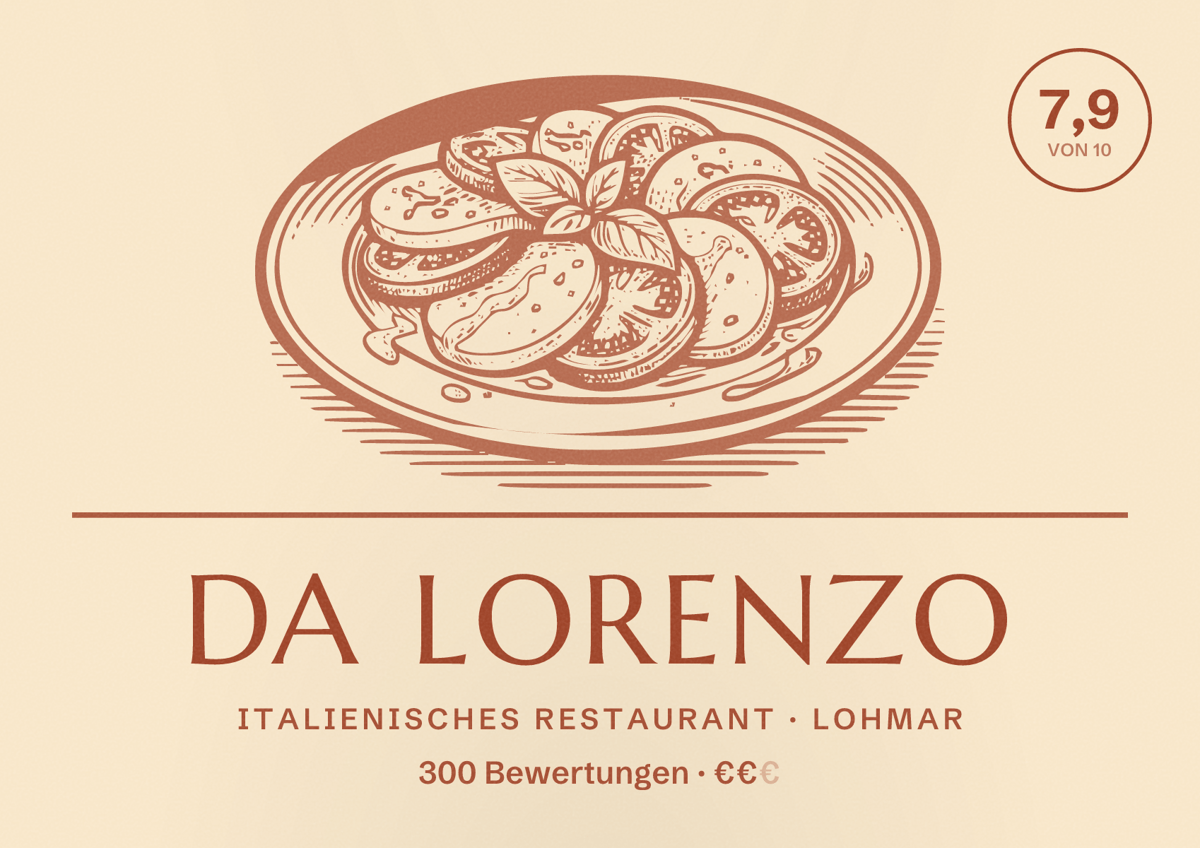 Illustriertes Poster von Da Lorenzo, Italienisches Restaurant in Lohmar: Bewertung 7,9 von 10 aus 300 Bewertungen, Preisniveau €€