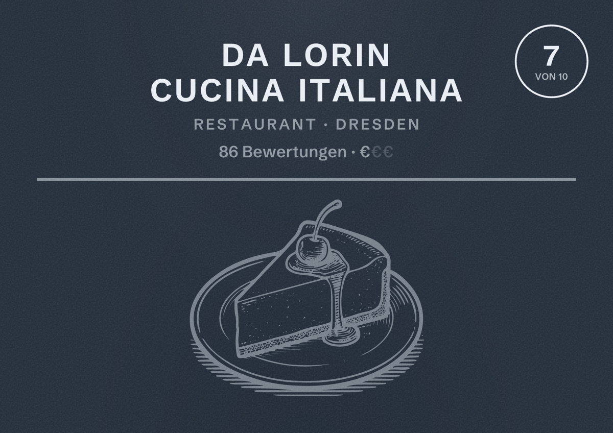 Illustriertes Poster von Da Lorin cucina Italiana, Restaurant in Dresden: Bewertung 7 von 10 aus 86 Bewertungen, Preisniveau €