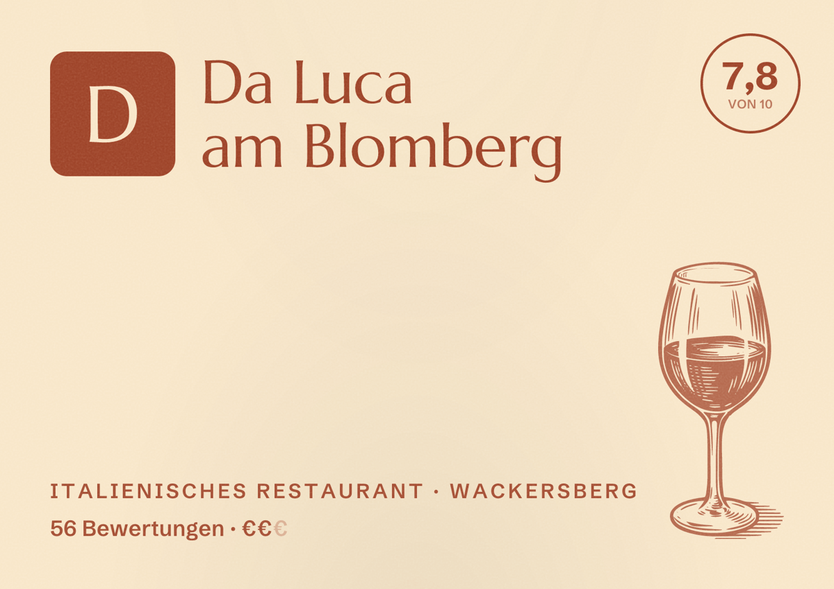Illustriertes Poster von Da Luca am Blomberg, Italienisches Restaurant in Wackersberg: Bewertung 7,8 von 10 aus 56 Bewertungen, Preisniveau €€