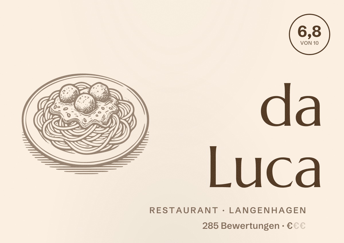 Illustriertes Poster von da Luca, Restaurant in Langenhagen: Bewertung 6,8 von 10 aus 285 Bewertungen, Preisniveau €