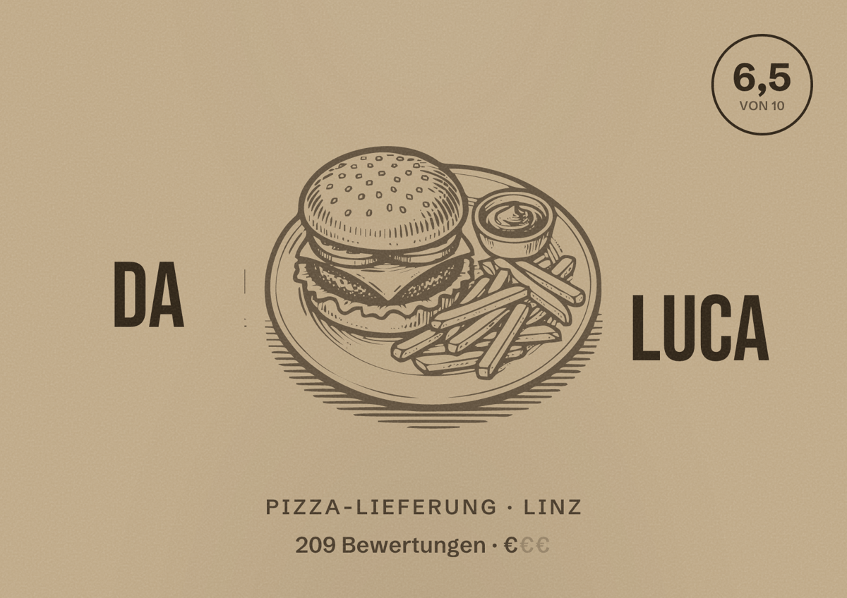 Illustriertes Poster von Da Luca, Pizza-Lieferung in Linz: Bewertung 6,5 von 10 aus 209 Bewertungen, Preisniveau €