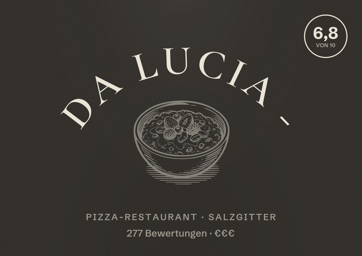 Illustriertes Poster von Da Lucia -, Pizza-Restaurant in Salzgitter: Bewertung 6,8 von 10 aus 277 Bewertungen, Preisniveau €€€