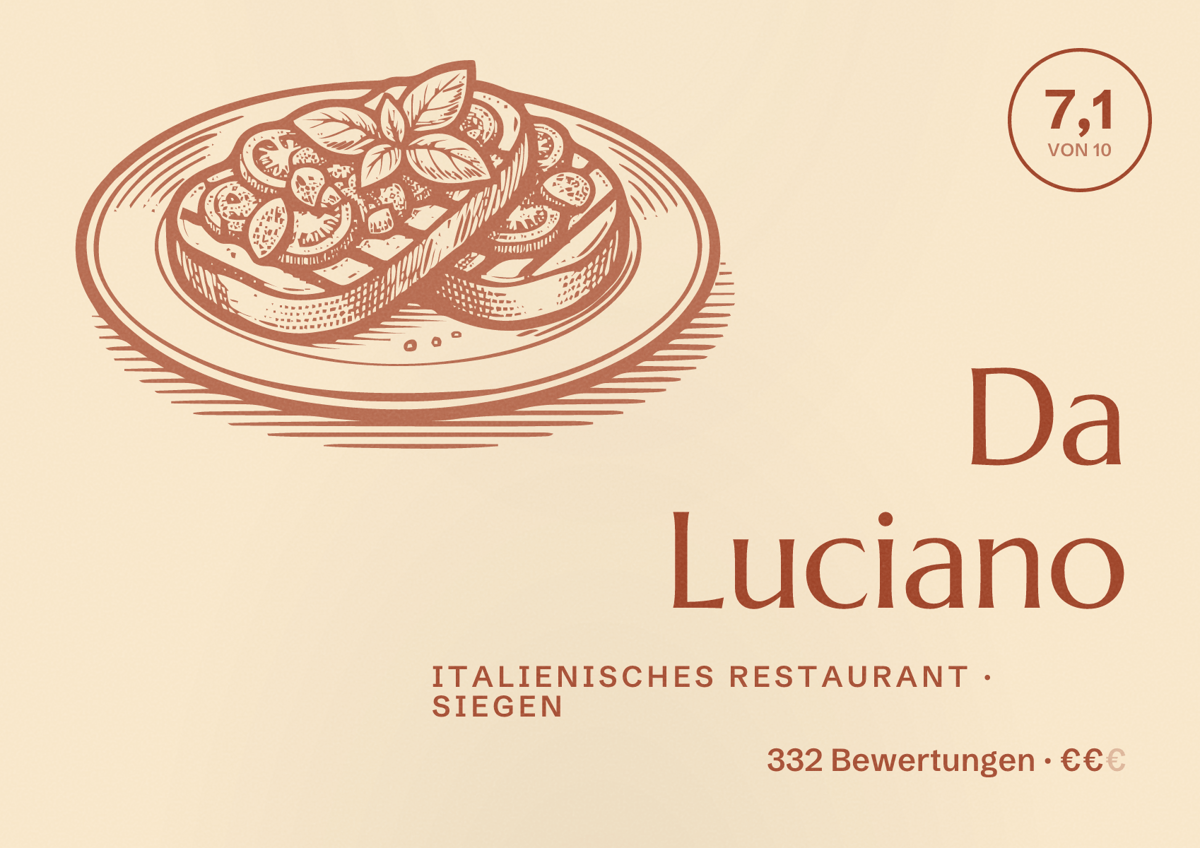 Illustriertes Poster von Da Luciano, Italienisches Restaurant in Siegen: Bewertung 7,1 von 10 aus 332 Bewertungen, Preisniveau €€