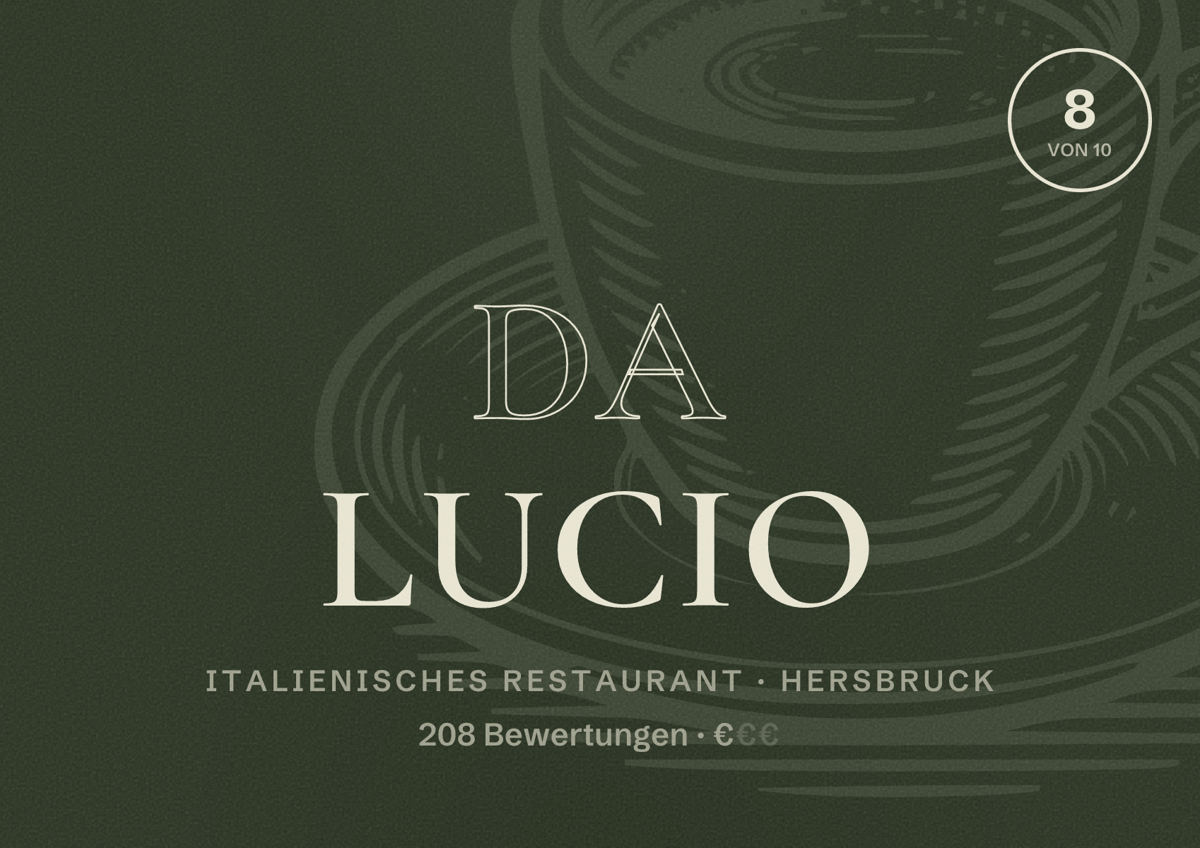 Illustriertes Poster von Da Lucio, Italienisches Restaurant in Hersbruck: Bewertung 8 von 10 aus 208 Bewertungen, Preisniveau €