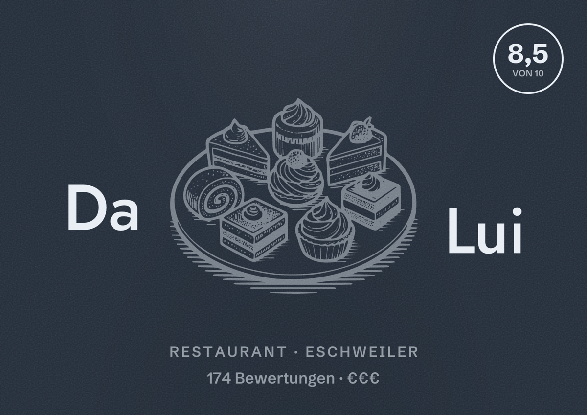 Illustriertes Poster von Da Lui, Restaurant in Eschweiler: Bewertung 8,5 von 10 aus 174 Bewertungen, Preisniveau €€€