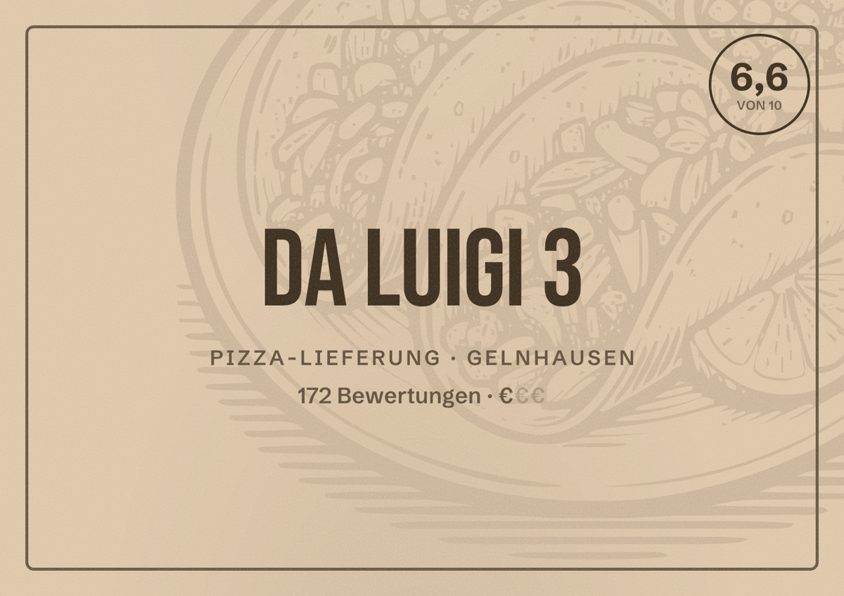 Illustriertes Poster von Da Luigi 3, Pizza-Lieferung in Gelnhausen: Bewertung 6,6 von 10 aus 172 Bewertungen, Preisniveau €