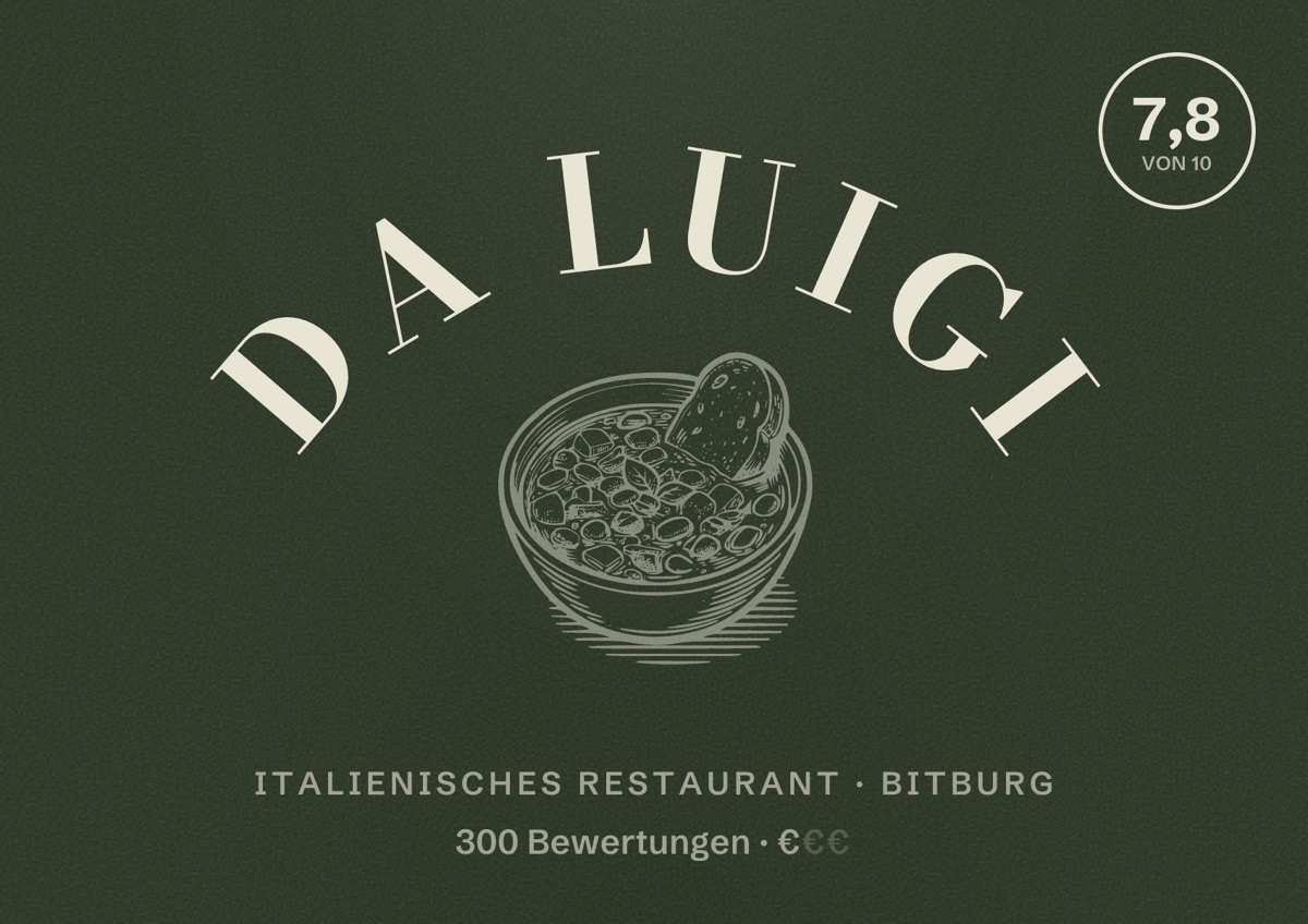 Illustriertes Poster von Da Luigi, Italienisches Restaurant in Bitburg: Bewertung 7,8 von 10 aus 300 Bewertungen, Preisniveau €