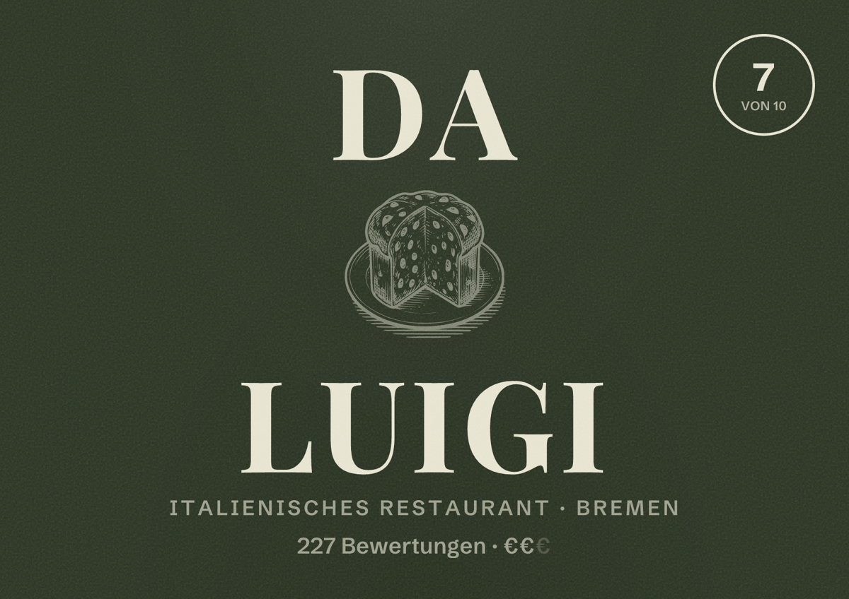 Illustriertes Poster von Da Luigi, Italienisches Restaurant in Bremen: Bewertung 7 von 10 aus 227 Bewertungen, Preisniveau €€