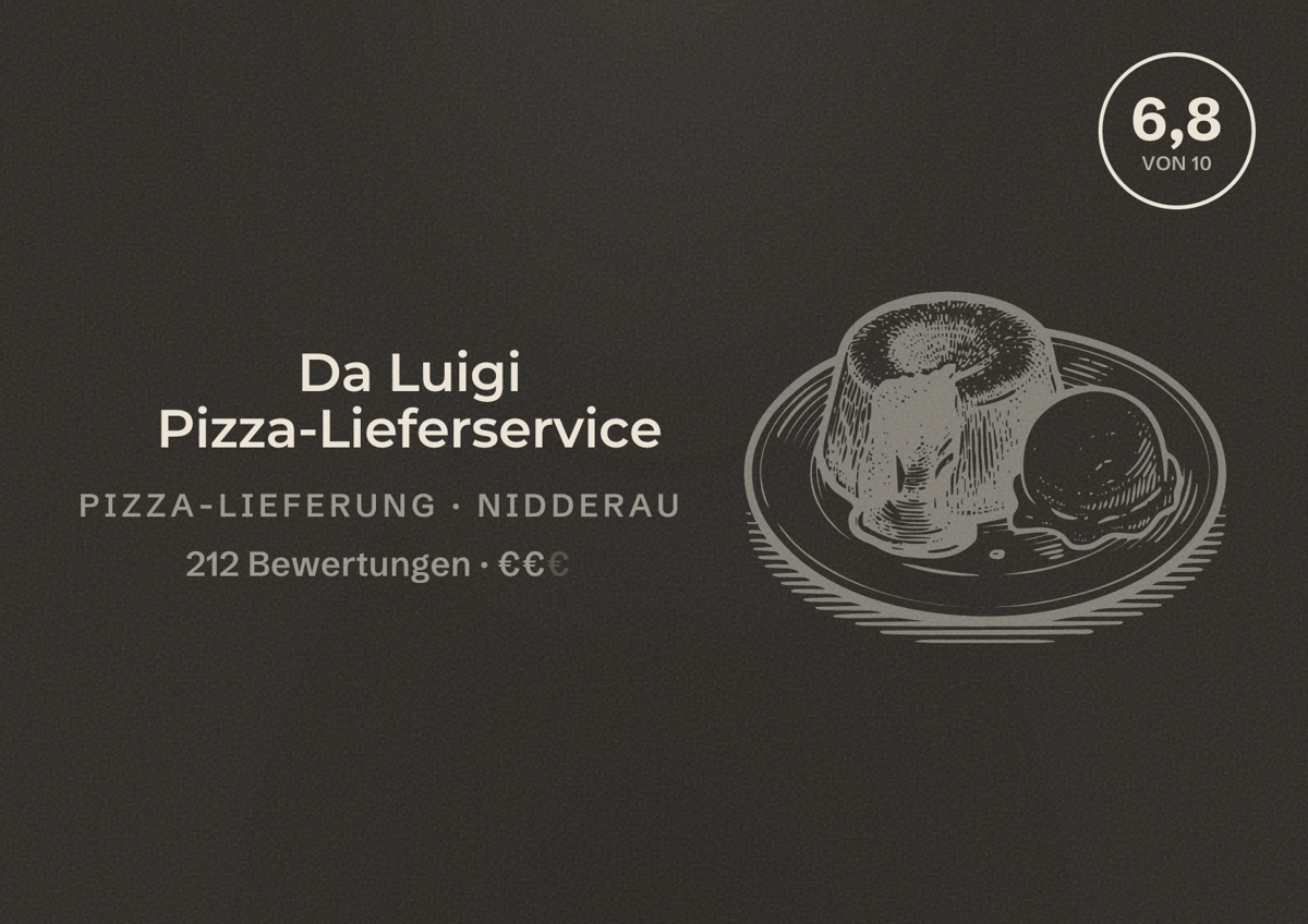 Illustriertes Poster von Da Luigi Pizza-Lieferservice, Pizza-Lieferung in Nidderau: Bewertung 6,8 von 10 aus 212 Bewertungen, Preisniveau €€