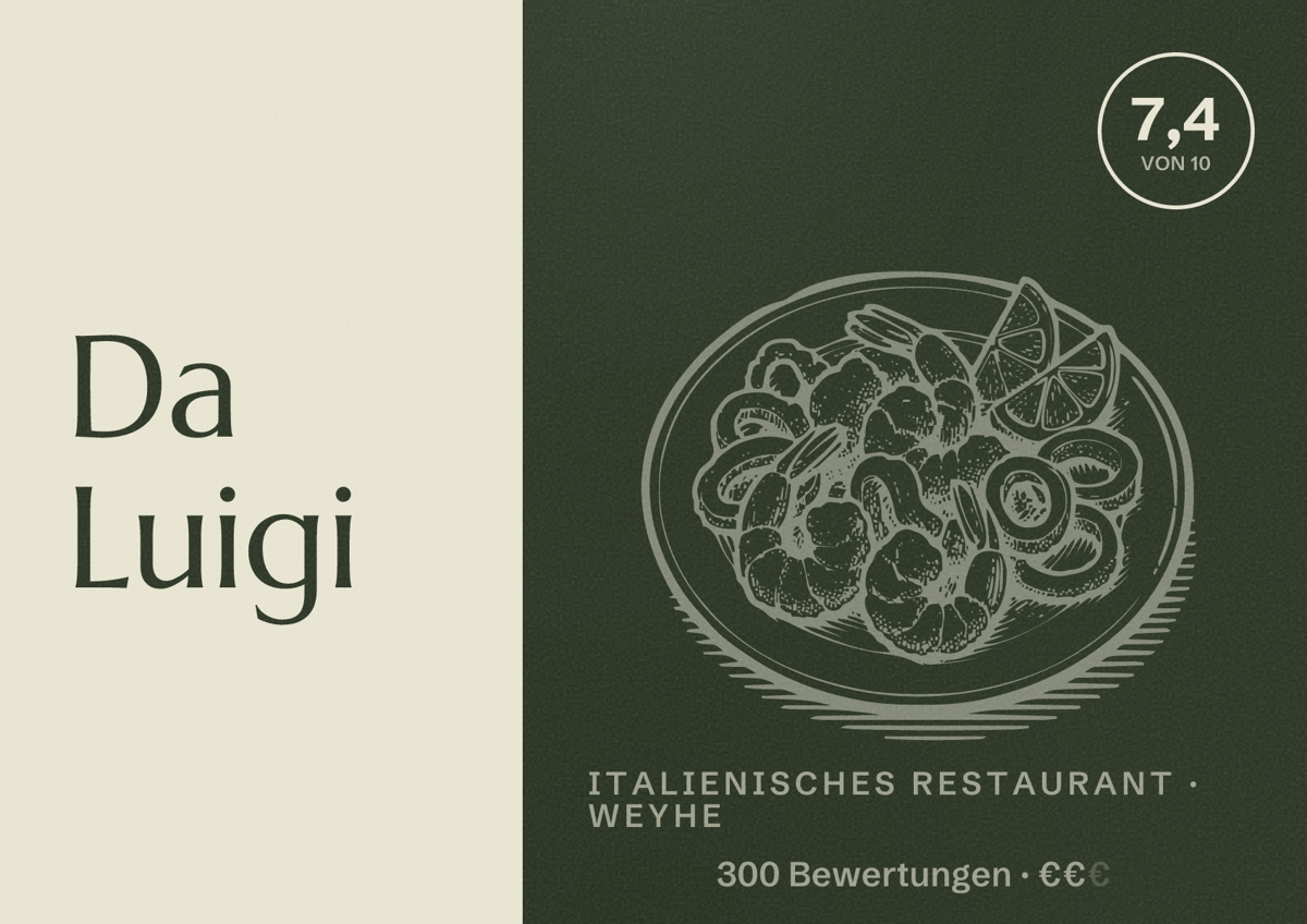 Illustriertes Poster von Da Luigi, Italienisches Restaurant in Weyhe: Bewertung 7,4 von 10 aus 300 Bewertungen, Preisniveau €€