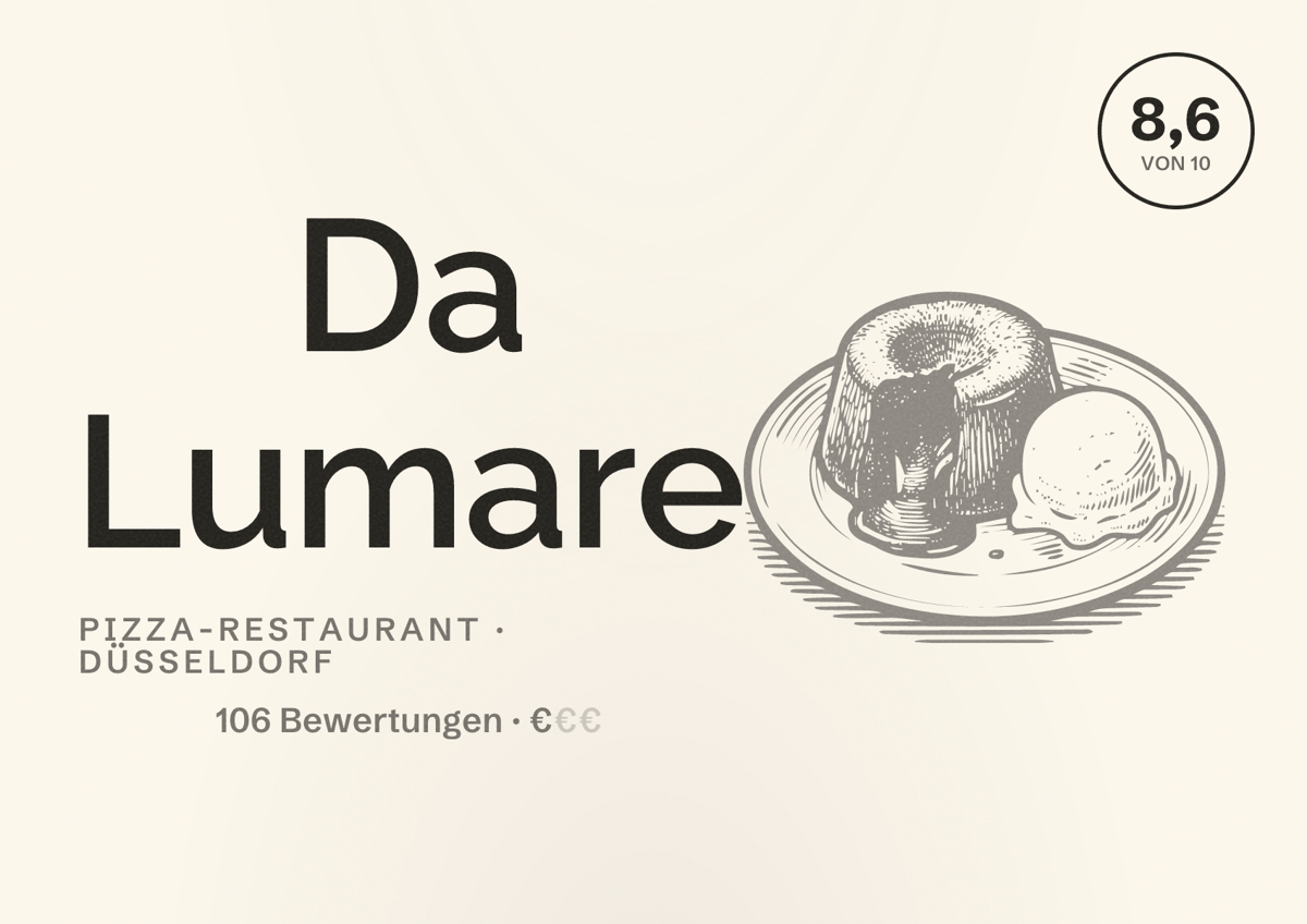 Illustriertes Poster von Da Lumare, Pizza-Restaurant in Düsseldorf: Bewertung 8,6 von 10 aus 106 Bewertungen, Preisniveau €