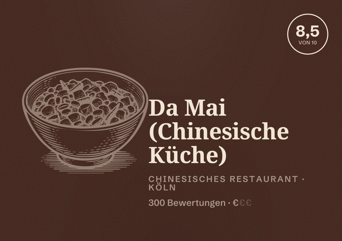 Illustriertes Poster von Da Mai (Chinesische Küche), Chinesisches Restaurant in Köln: Bewertung 8,5 von 10 aus 300 Bewertungen, Preisniveau €