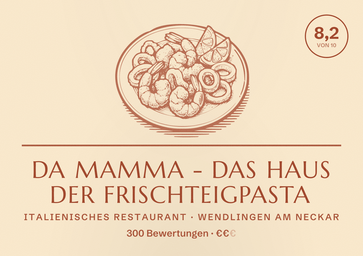 Illustriertes Poster von Da Mamma - Das Haus der Frischteigpasta, Italienisches Restaurant in Wendlingen am Neckar: Bewertung 8,2 von 10 aus 300 Bewertungen, Preisniveau €€