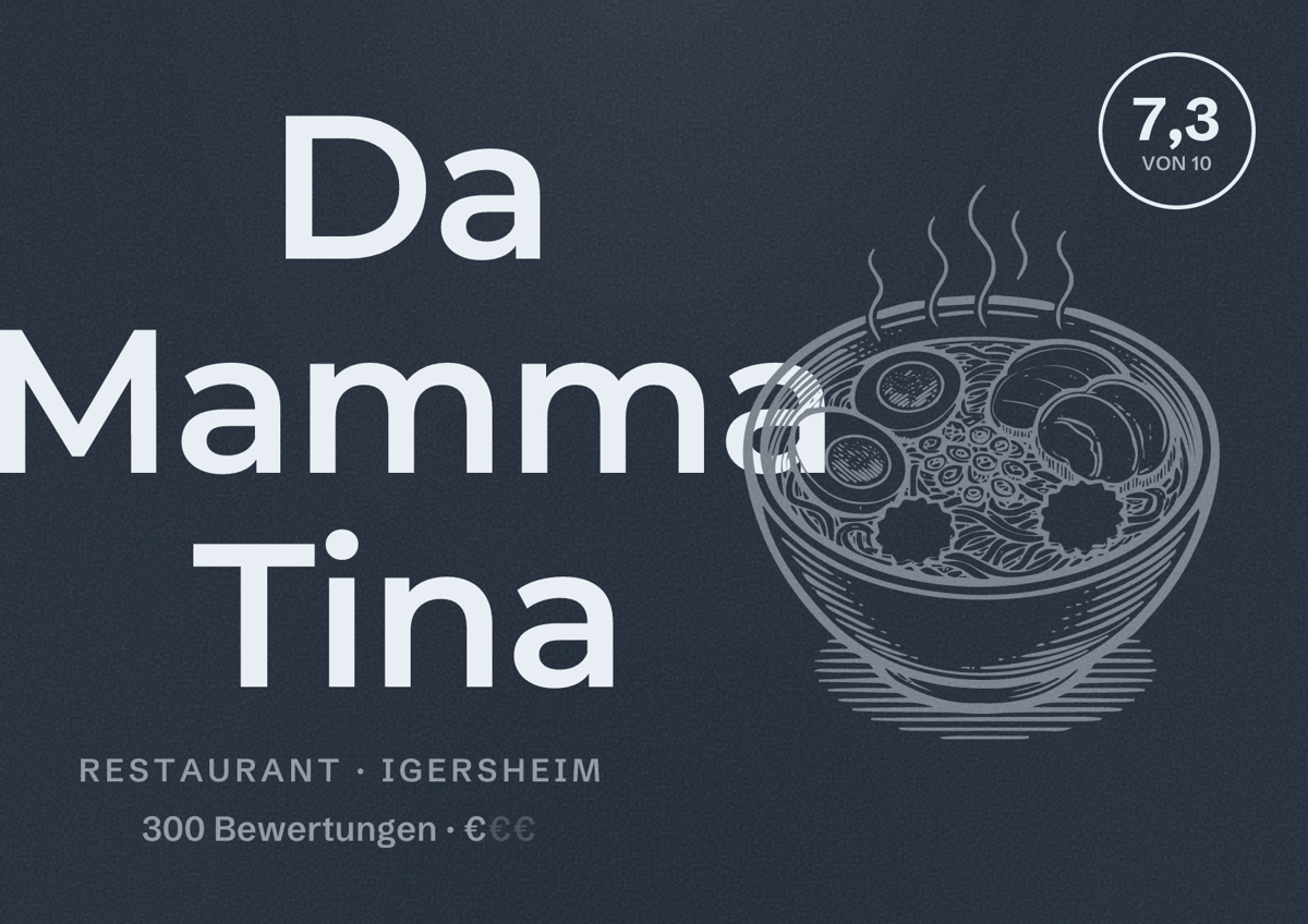 Illustriertes Poster von Da Mamma Tina, Restaurant in Igersheim: Bewertung 7,3 von 10 aus 300 Bewertungen, Preisniveau €
