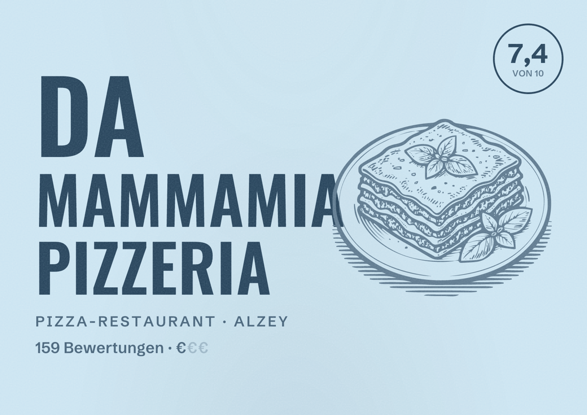 Illustriertes Poster von Da Mammamia Pizzeria, Pizza-Restaurant in Alzey: Bewertung 7,4 von 10 aus 159 Bewertungen, Preisniveau €