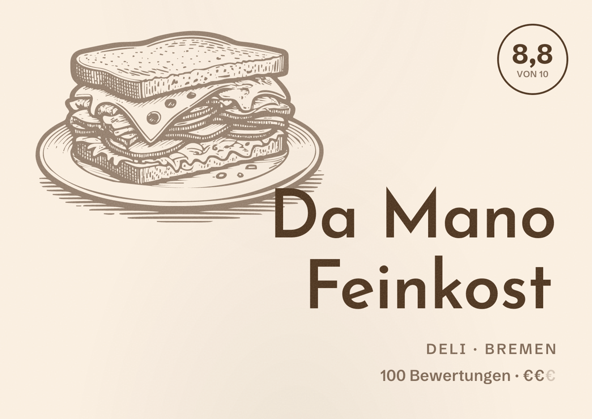 Illustriertes Poster von Da Mano Feinkost, Deli in Bremen: Bewertung 8,8 von 10 aus 100 Bewertungen, Preisniveau €€