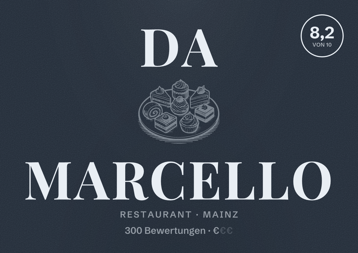 Illustriertes Poster von Da Marcello, Restaurant in Mainz: Bewertung 8,2 von 10 aus 300 Bewertungen, Preisniveau €