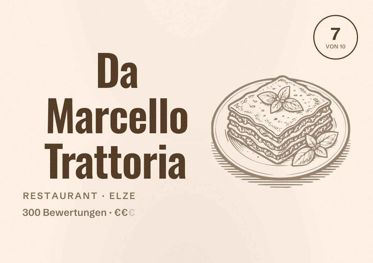 Illustriertes Poster von Da Marcello Trattoria, Restaurant in Elze: Bewertung 7 von 10 aus 300 Bewertungen, Preisniveau €€
