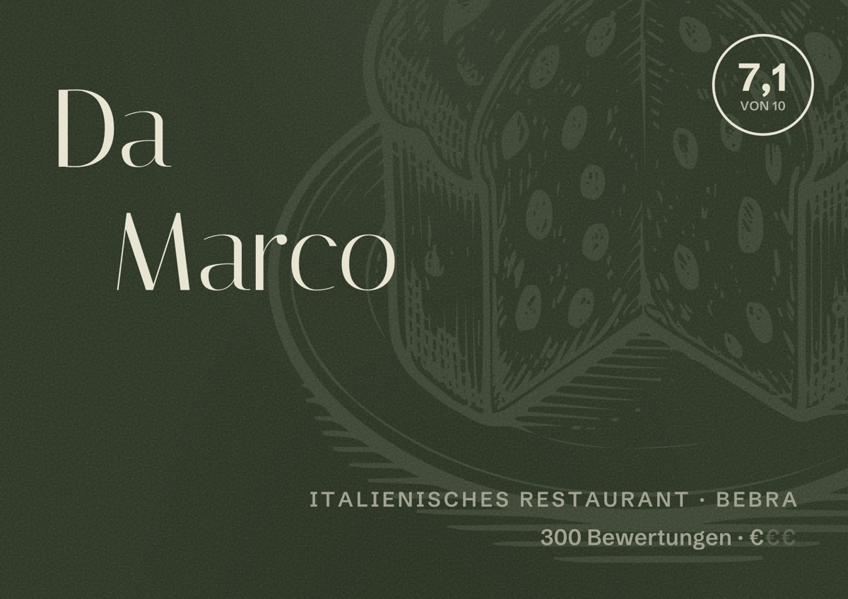 Illustriertes Poster von Da Marco, Italienisches Restaurant in Bebra: Bewertung 7,1 von 10 aus 300 Bewertungen, Preisniveau €