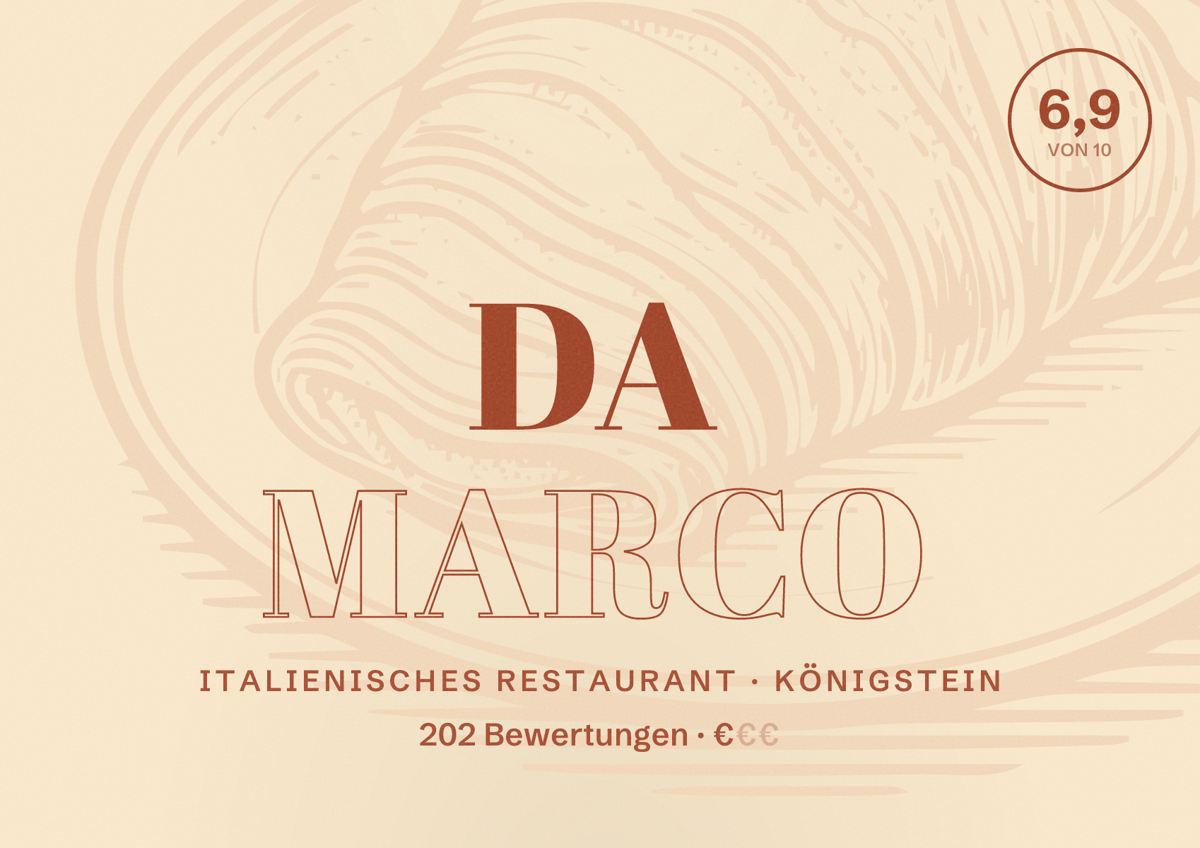 Illustriertes Poster von Da Marco, Italienisches Restaurant in Königstein: Bewertung 6,9 von 10 aus 202 Bewertungen, Preisniveau €