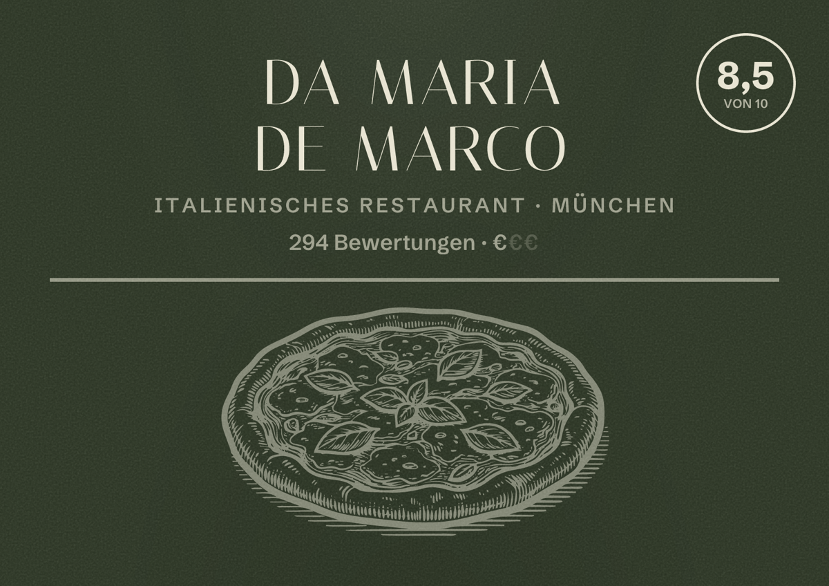 Illustriertes Poster von Da Maria de Marco, Italienisches Restaurant in München: Bewertung 8,5 von 10 aus 294 Bewertungen, Preisniveau €