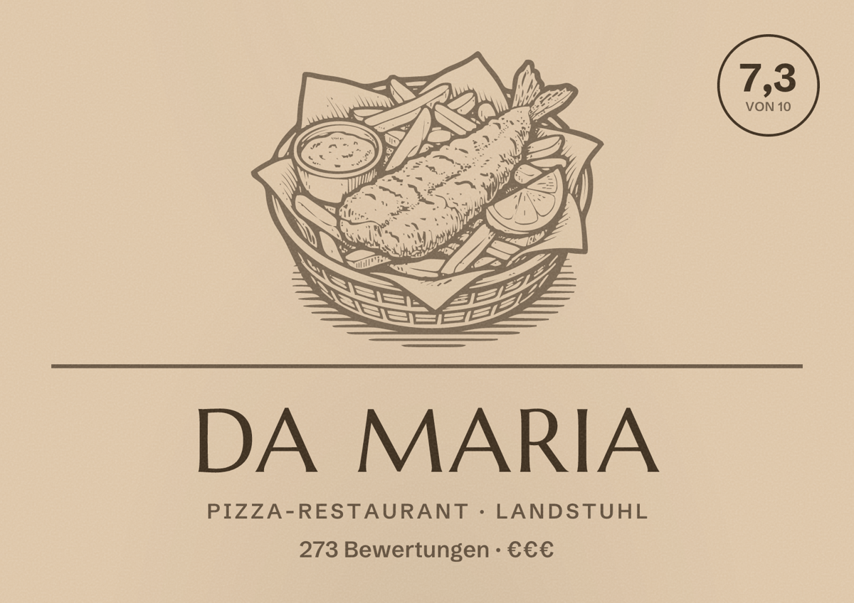Illustriertes Poster von Da Maria, Pizza-Restaurant in Landstuhl: Bewertung 7,3 von 10 aus 273 Bewertungen, Preisniveau €€€