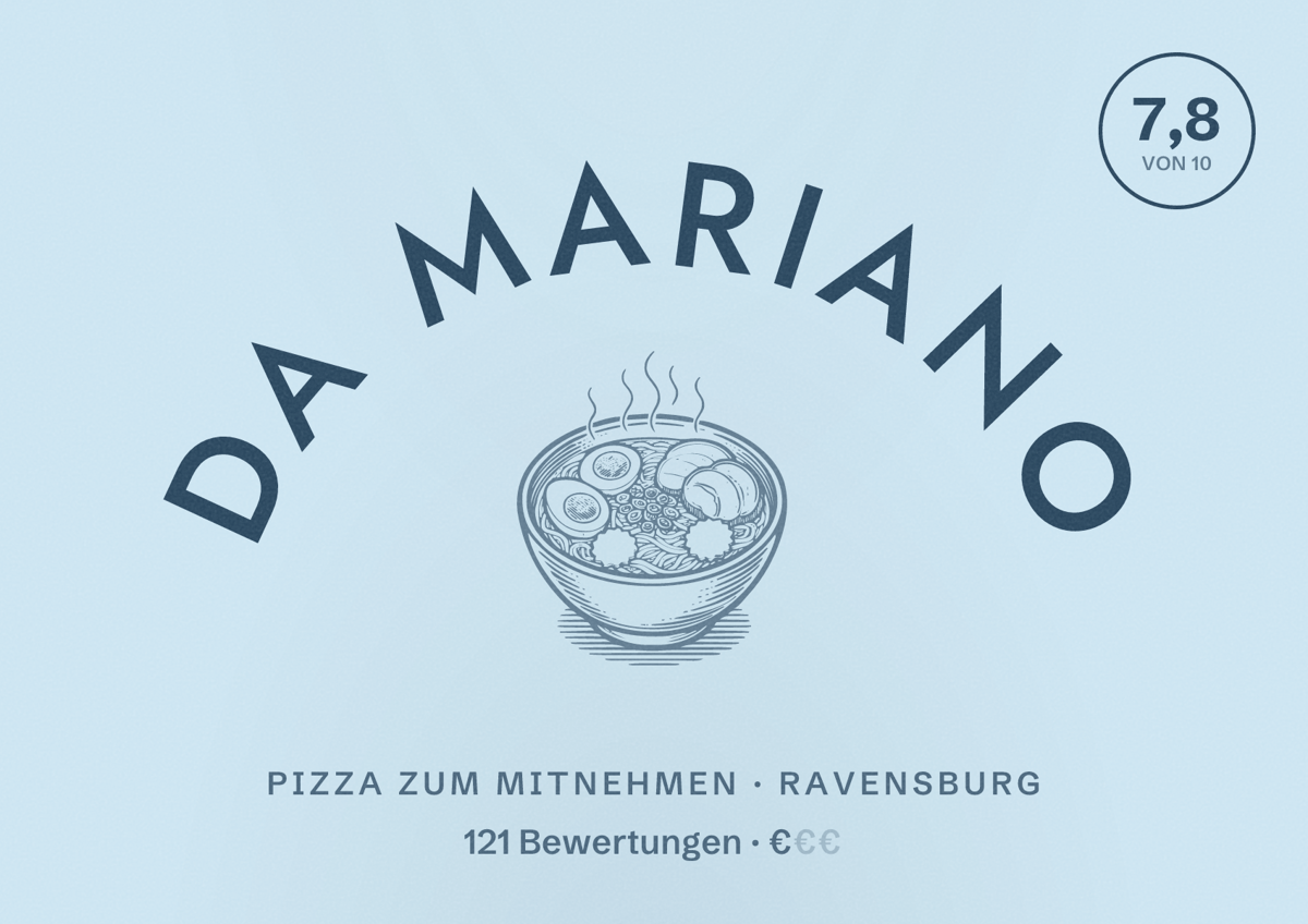 Illustriertes Poster von Da Mariano, Pizza zum Mitnehmen in Ravensburg: Bewertung 7,8 von 10 aus 121 Bewertungen, Preisniveau €