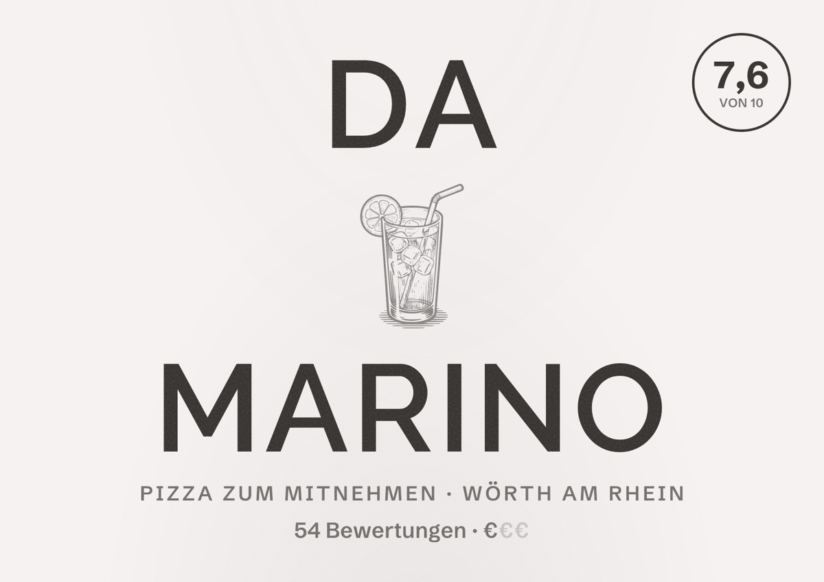 Illustriertes Poster von Da Marino, Pizza zum Mitnehmen in Wörth am Rhein: Bewertung 7,6 von 10 aus 54 Bewertungen, Preisniveau €