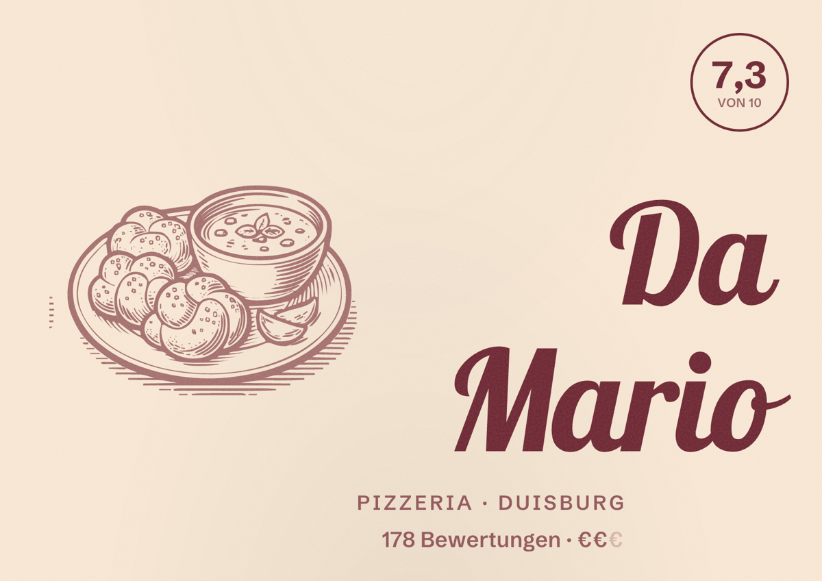 Illustriertes Poster von Da Mario, Pizzeria in Duisburg: Bewertung 7,3 von 10 aus 178 Bewertungen, Preisniveau €€