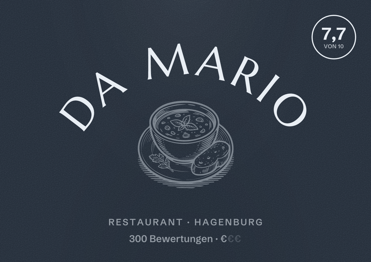 Illustriertes Poster von da Mario, Restaurant in Hagenburg: Bewertung 7,7 von 10 aus 300 Bewertungen, Preisniveau €