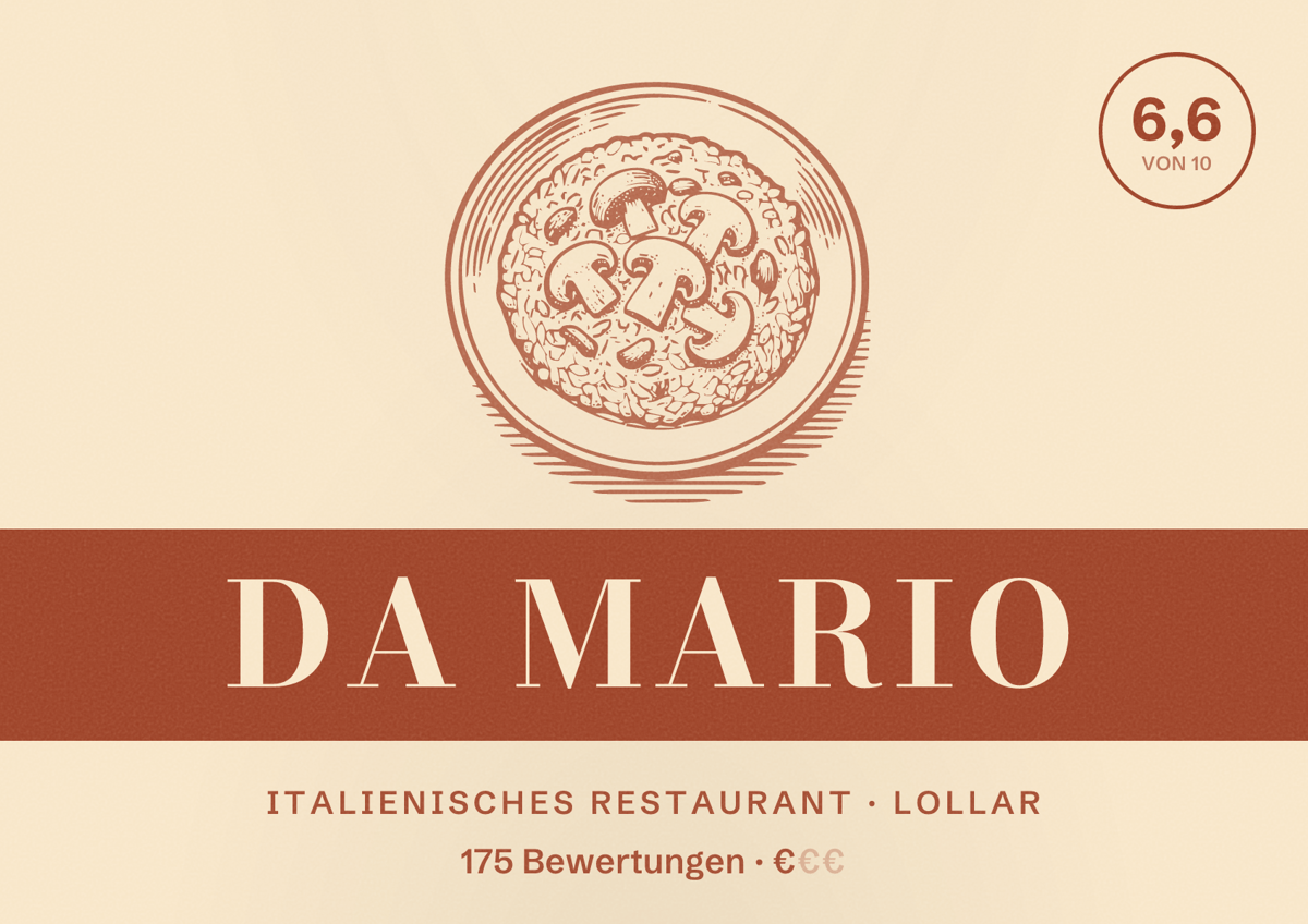 Illustriertes Poster von Da Mario, Italienisches Restaurant in Lollar: Bewertung 6,6 von 10 aus 175 Bewertungen, Preisniveau €
