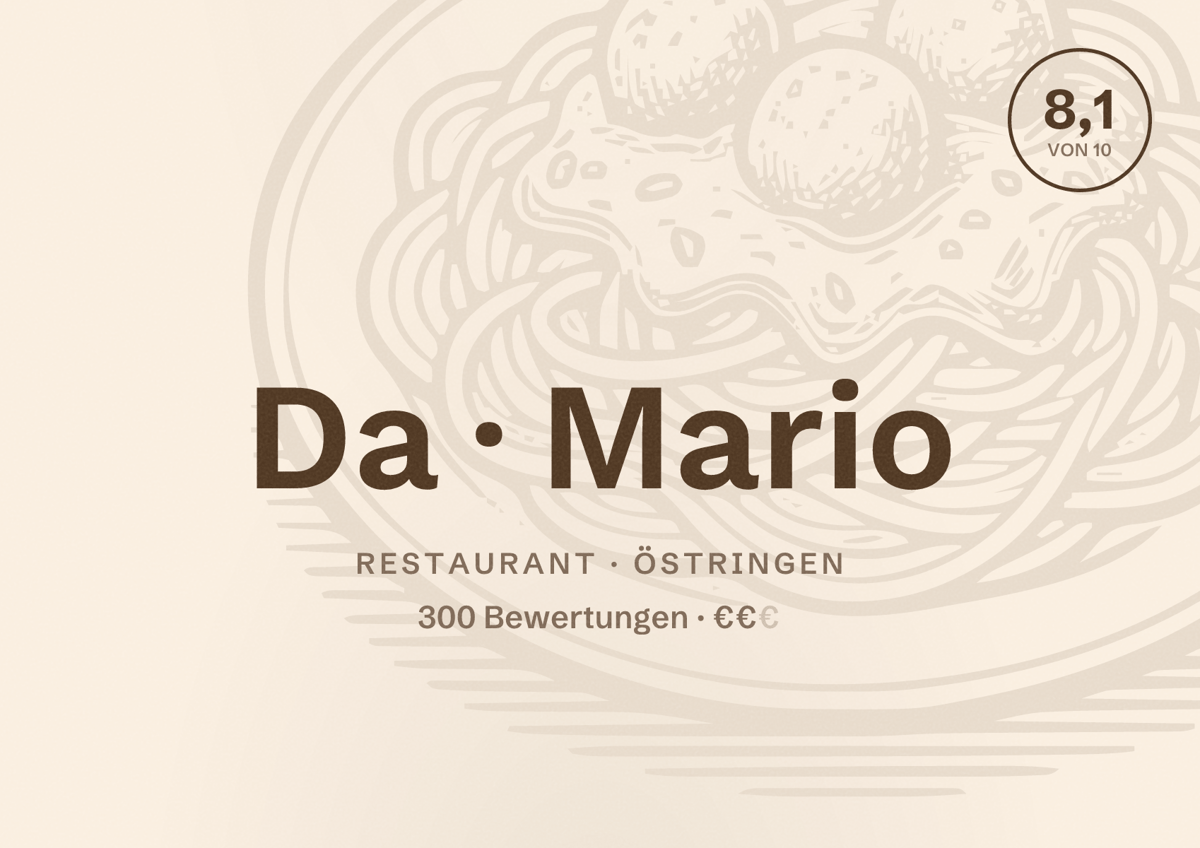 Illustriertes Poster von Da Mario, Restaurant in Östringen: Bewertung 8,1 von 10 aus 300 Bewertungen, Preisniveau €€