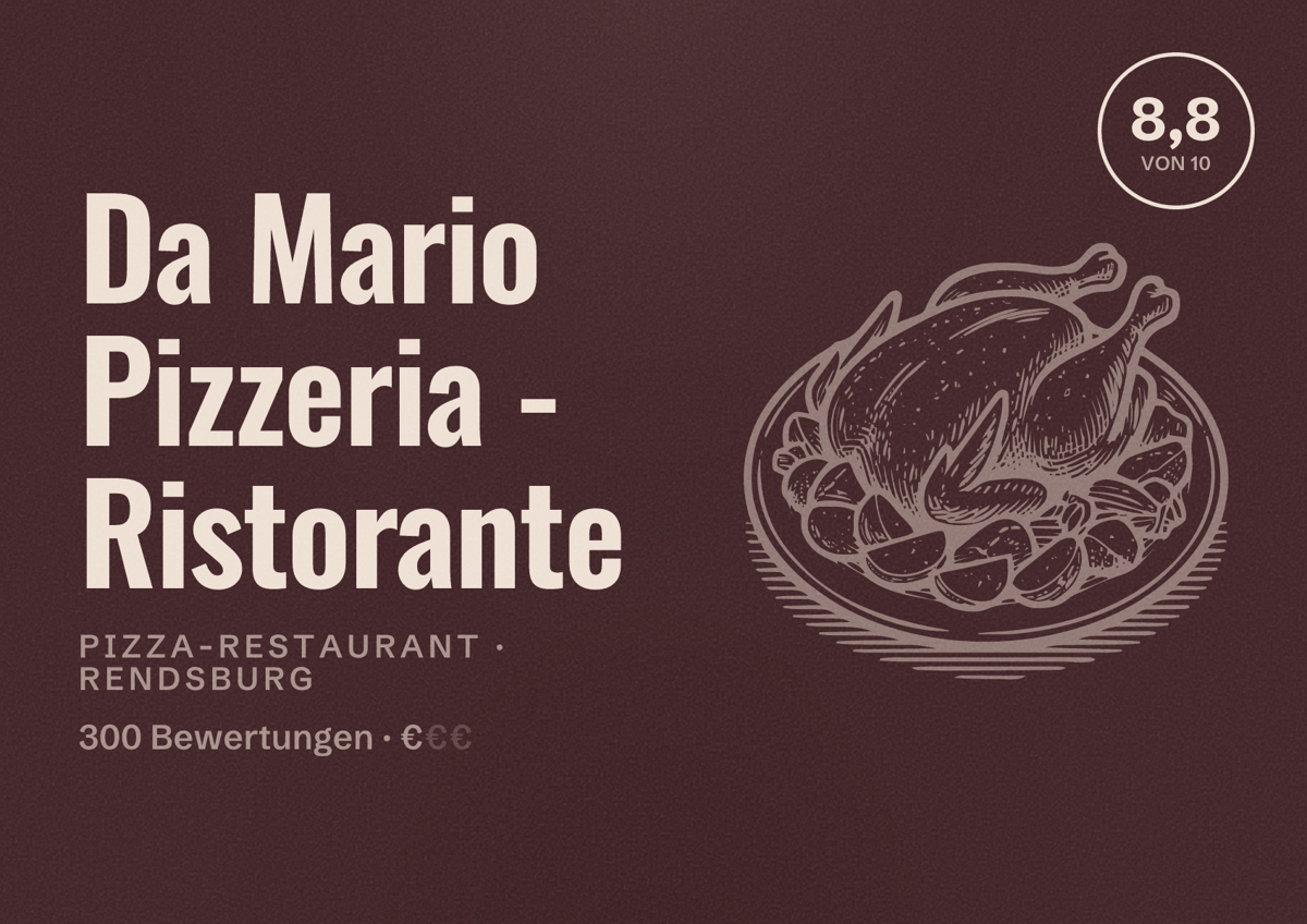 Illustriertes Poster von Da Mario Pizzeria - Ristorante, Pizza-Restaurant in Rendsburg: Bewertung 8,8 von 10 aus 300 Bewertungen, Preisniveau €