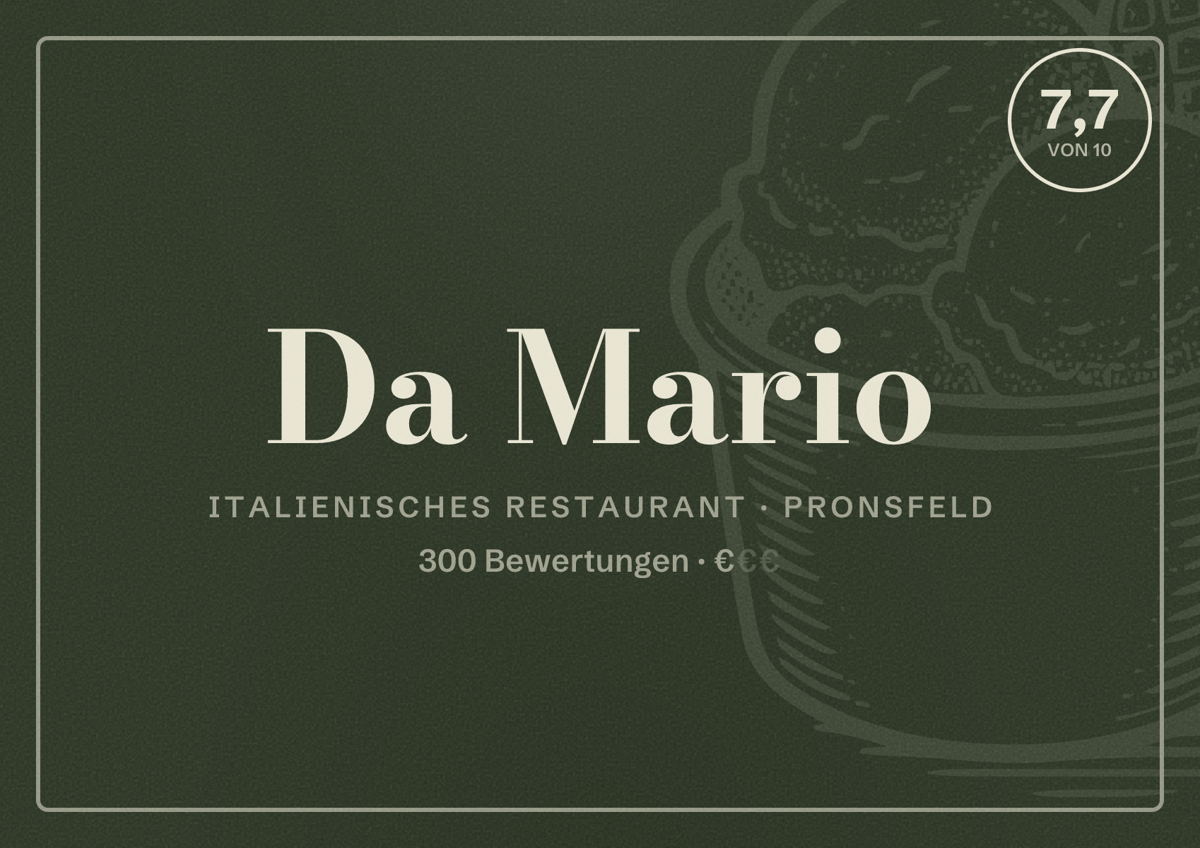 Illustriertes Poster von Da Mario, Italienisches Restaurant in Pronsfeld: Bewertung 7,7 von 10 aus 300 Bewertungen, Preisniveau €