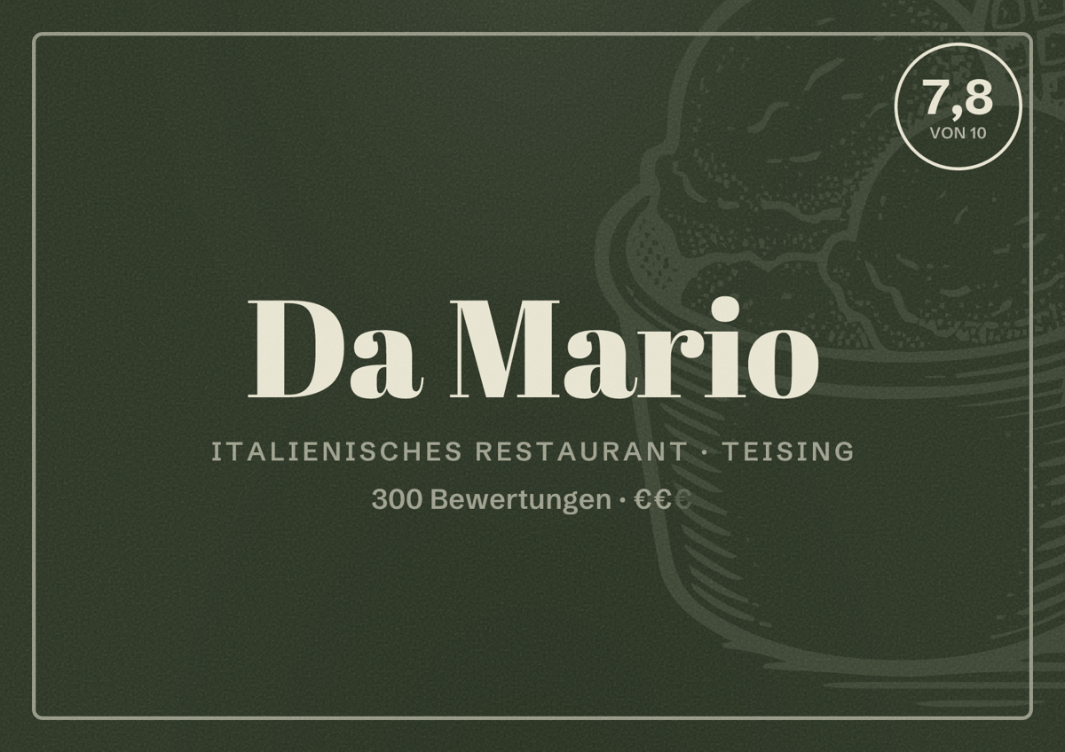 Illustriertes Poster von Da Mario, Italienisches Restaurant in Teising: Bewertung 7,8 von 10 aus 300 Bewertungen, Preisniveau €€