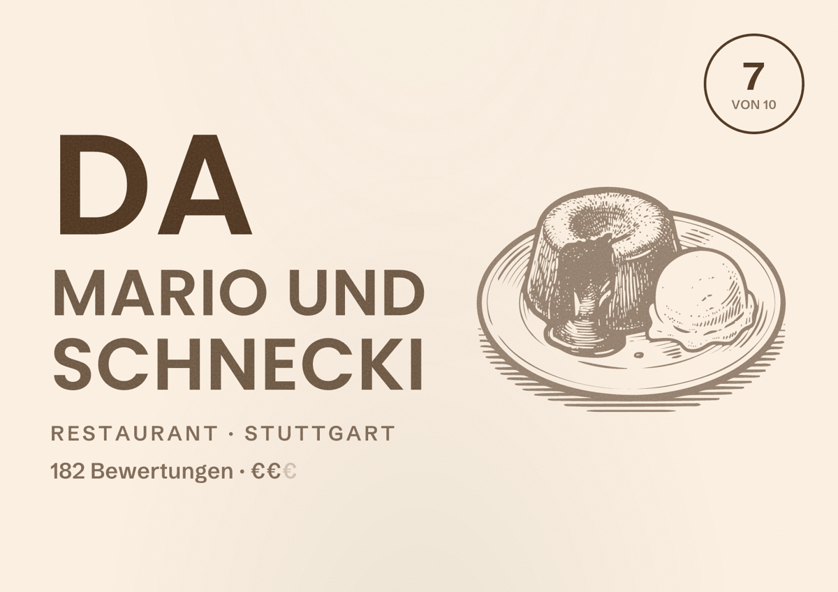 Illustriertes Poster von Da Mario und Schnecki, Restaurant in Stuttgart: Bewertung 7,0 von 10 aus 182 Bewertungen, Preisniveau €€