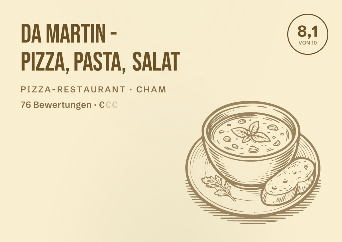 Illustriertes Poster von da Martin - Pizza, Pasta, Salat, Pizza-Restaurant in Cham: Bewertung 8,1 von 10 aus 76 Bewertungen, Preisniveau €