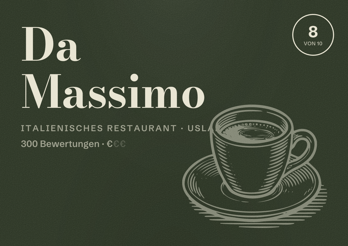 Illustriertes Poster von Da Massimo, Italienisches Restaurant in Uslar: Bewertung 8 von 10 aus 300 Bewertungen, Preisniveau €