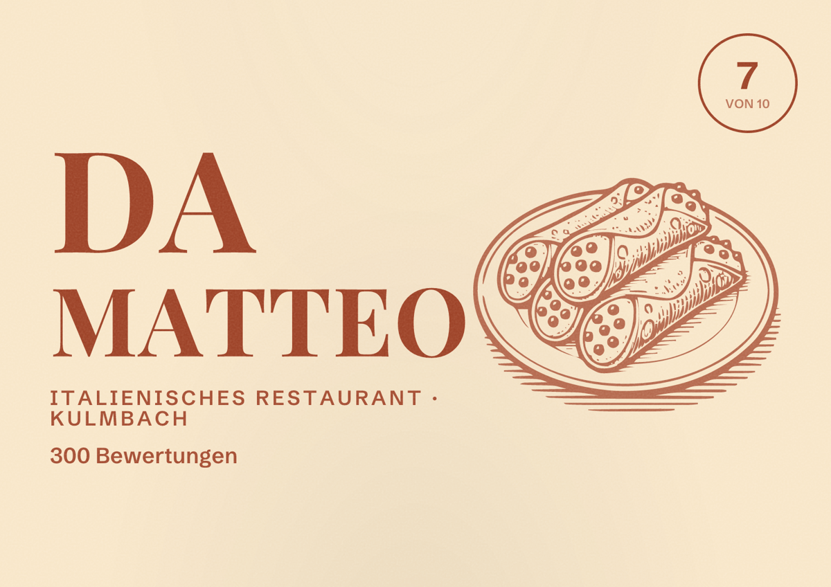 Illustriertes Poster von Da Matteo, Italienisches Restaurant in Kulmbach: Bewertung 7 von 10 aus 300 Bewertungen
